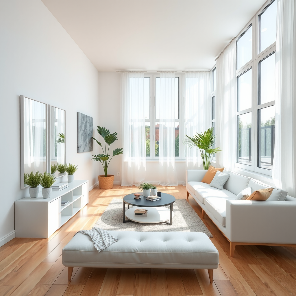 Bright minimalist living room with large windows, white walls, natural wood floors, strategically placed mirrors reflecting sunlight, sheer white curtains, potted plants on windowsill, clean modern furniture