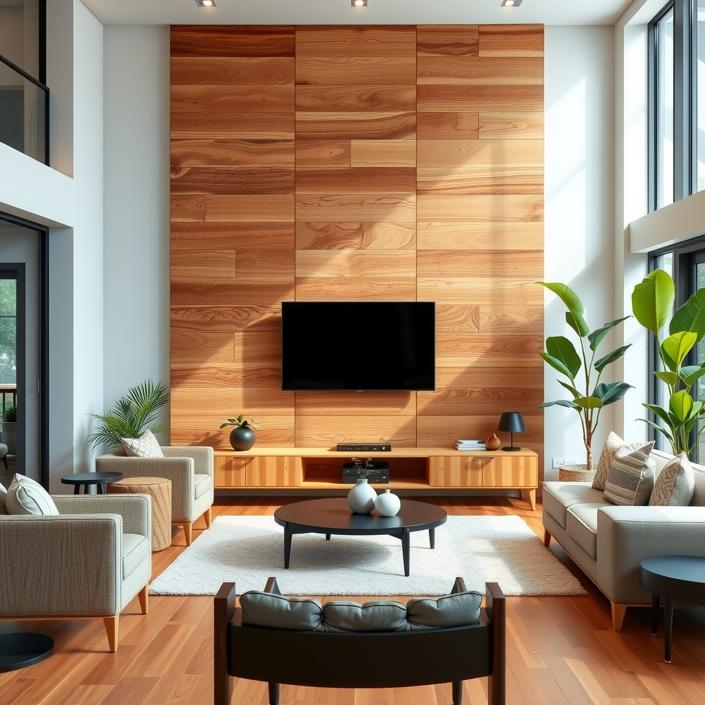 Modern living room featuring reclaimed wood accent wall with natural grain patterns, bamboo flooring, and contemporary furniture with organic textures in bright natural lighting