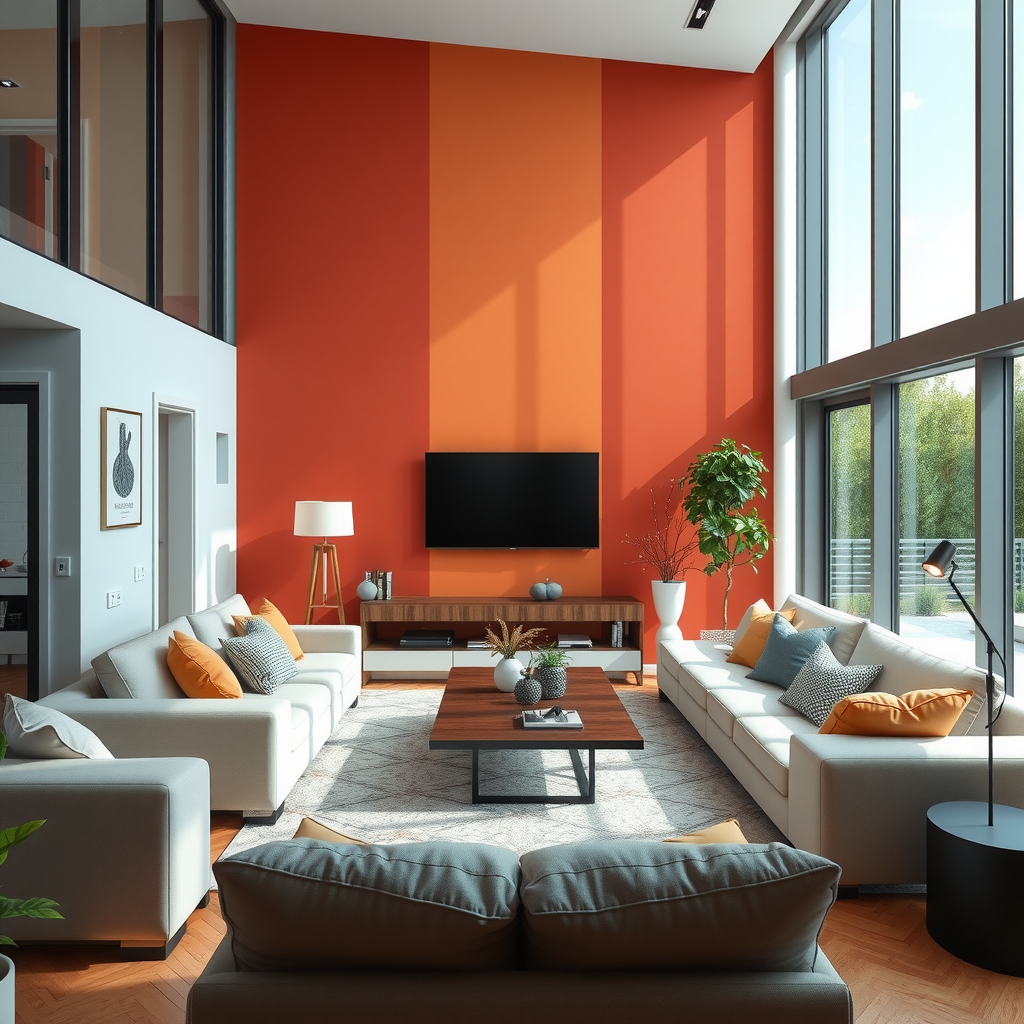 Modern living room showcasing the psychology of color with warm terracotta accent wall, neutral furniture, and abundant natural light creating a welcoming atmosphere