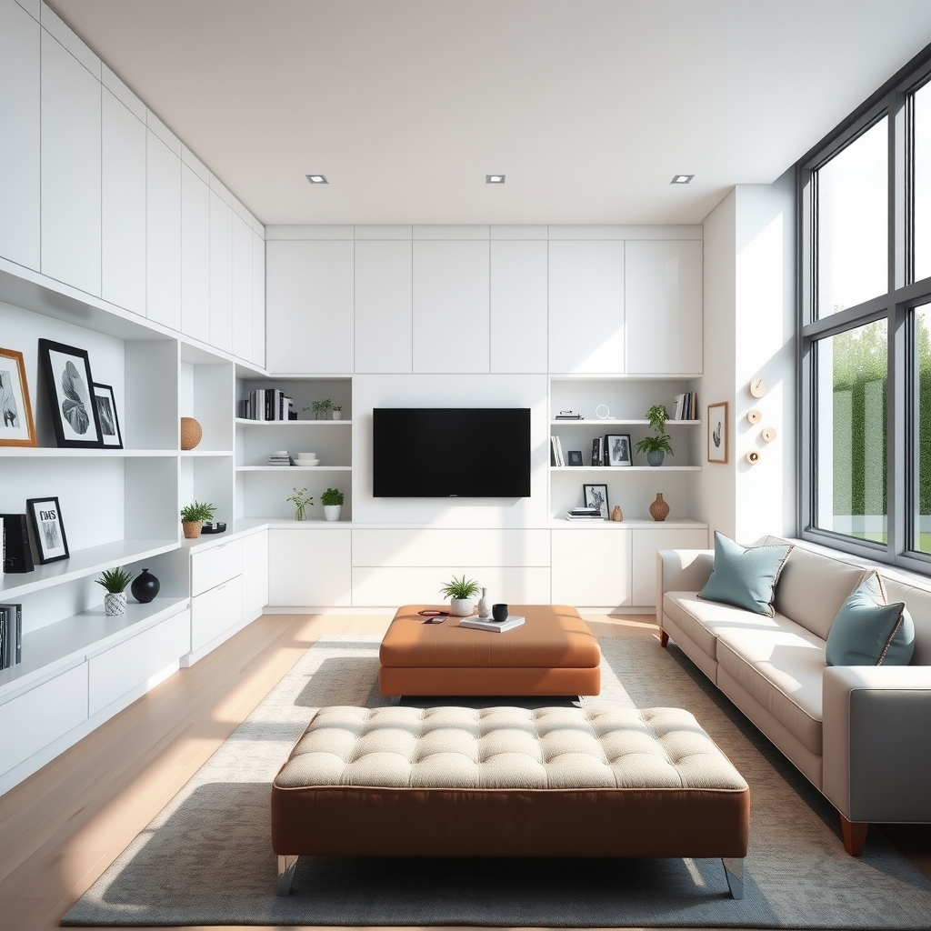 Modern minimalist living room with built-in white cabinetry along walls, floating shelves displaying curated decor, multi-functional ottoman with hidden storage, clean lines, natural light streaming through large windows, organized and spacious interior