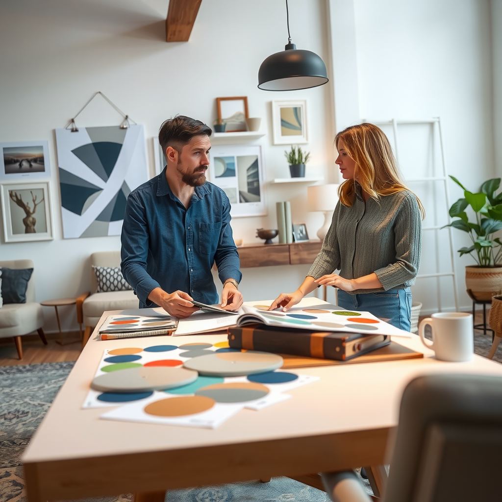 Professional interior designer consulting with client in a bright, modern living room, reviewing fabric swatches and color palettes on a large table with design mood boards in the background