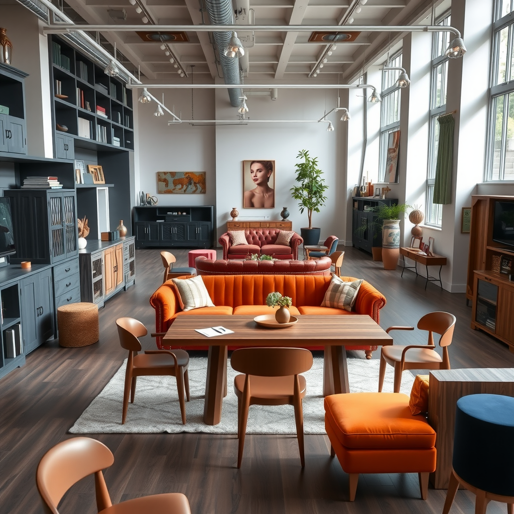 Elegant showroom displaying custom-designed furniture pieces including a luxurious velvet sofa in terracotta, handcrafted wooden dining table with modern chairs, and bespoke storage solutions in a bright, contemporary interior with natural lighting