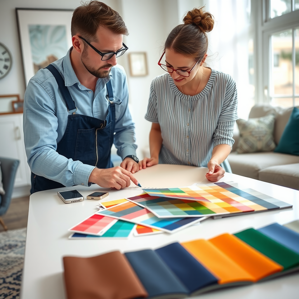 Professional interior designer consulting with homeowner, showing color palette swatches and fabric samples spread across a white table in a bright, contemporary living room with natural light