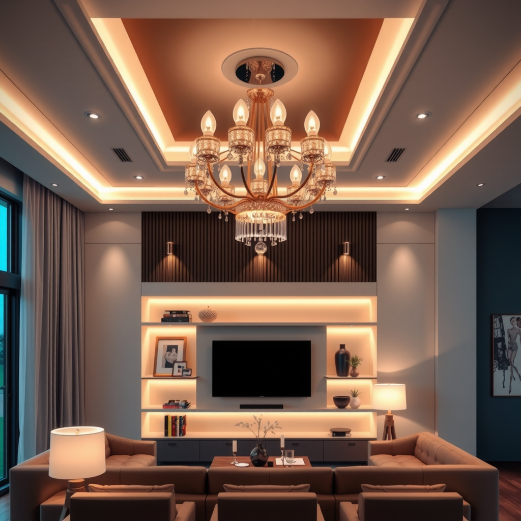 Modern living room showcasing layered lighting design with elegant chandelier, pendant lights, and recessed lighting creating warm ambient atmosphere