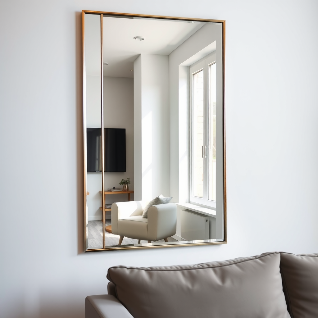 Large decorative mirror positioned opposite window, reflecting bright daylight into modern apartment interior, white walls, minimalist decor, natural light streaming through