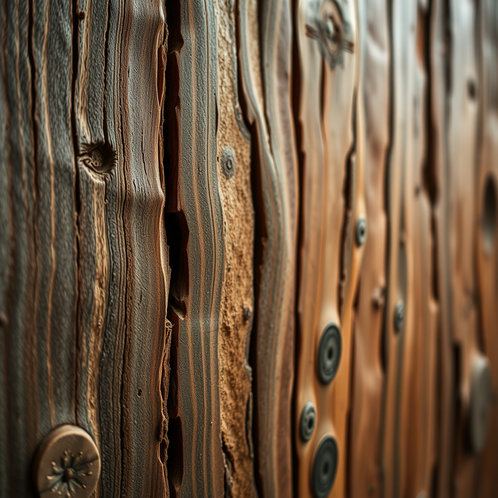 Close-up of reclaimed wood texture showing natural weathering, grain patterns, and rustic character with warm lighting highlighting the organic surface