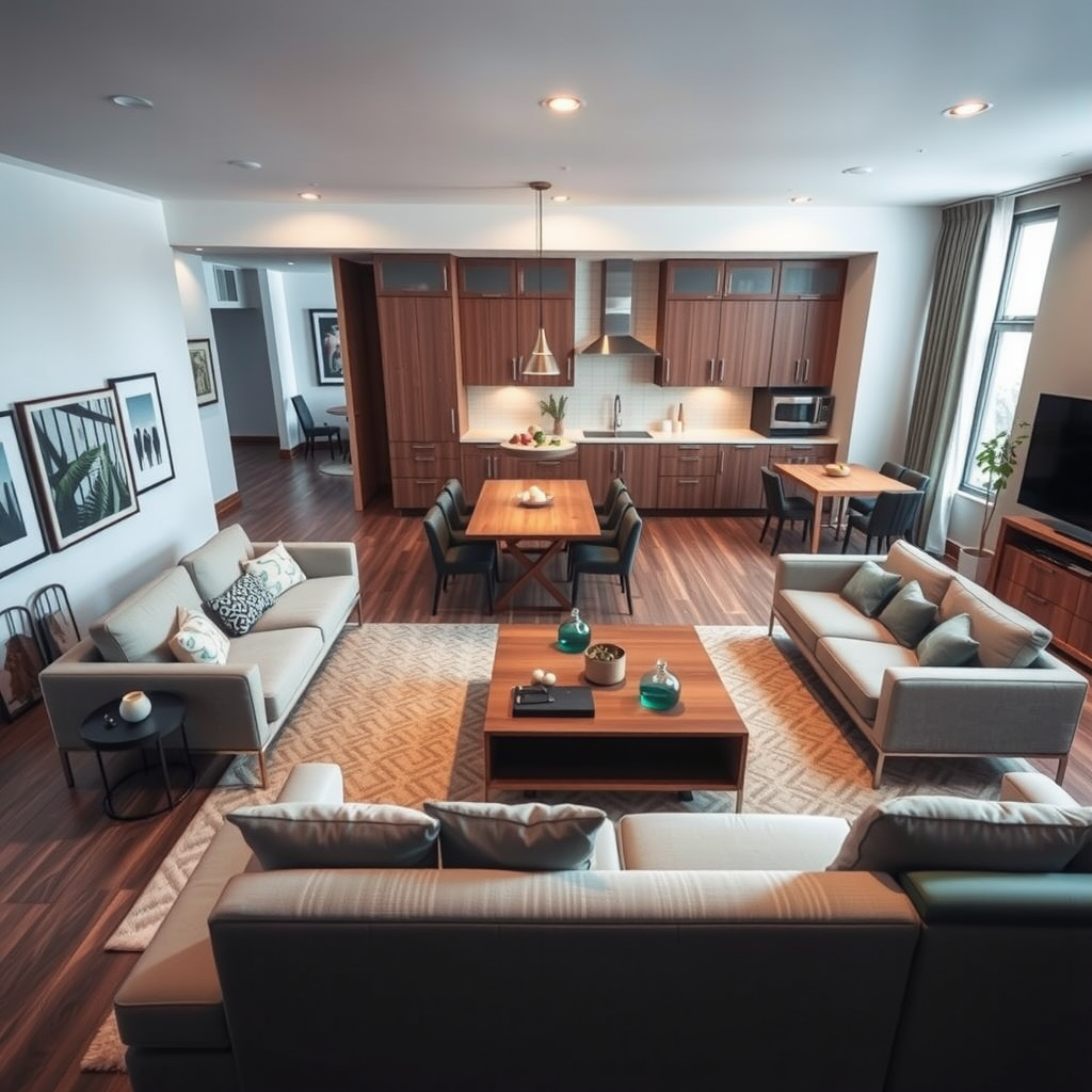 Strategic furniture arrangement in open living space showing sectional sofa defining living area, dining table creating separate zone, and kitchen island acting as natural divider