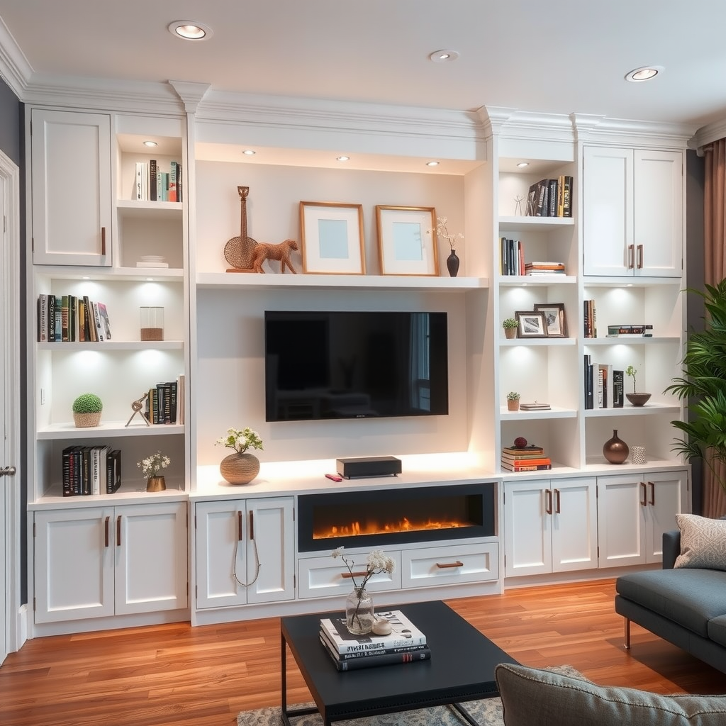 Custom built-in floor-to-ceiling cabinetry in white finish, featuring open shelving sections mixed with closed cabinets, integrated lighting, displaying books and decorative objects, modern living room setting