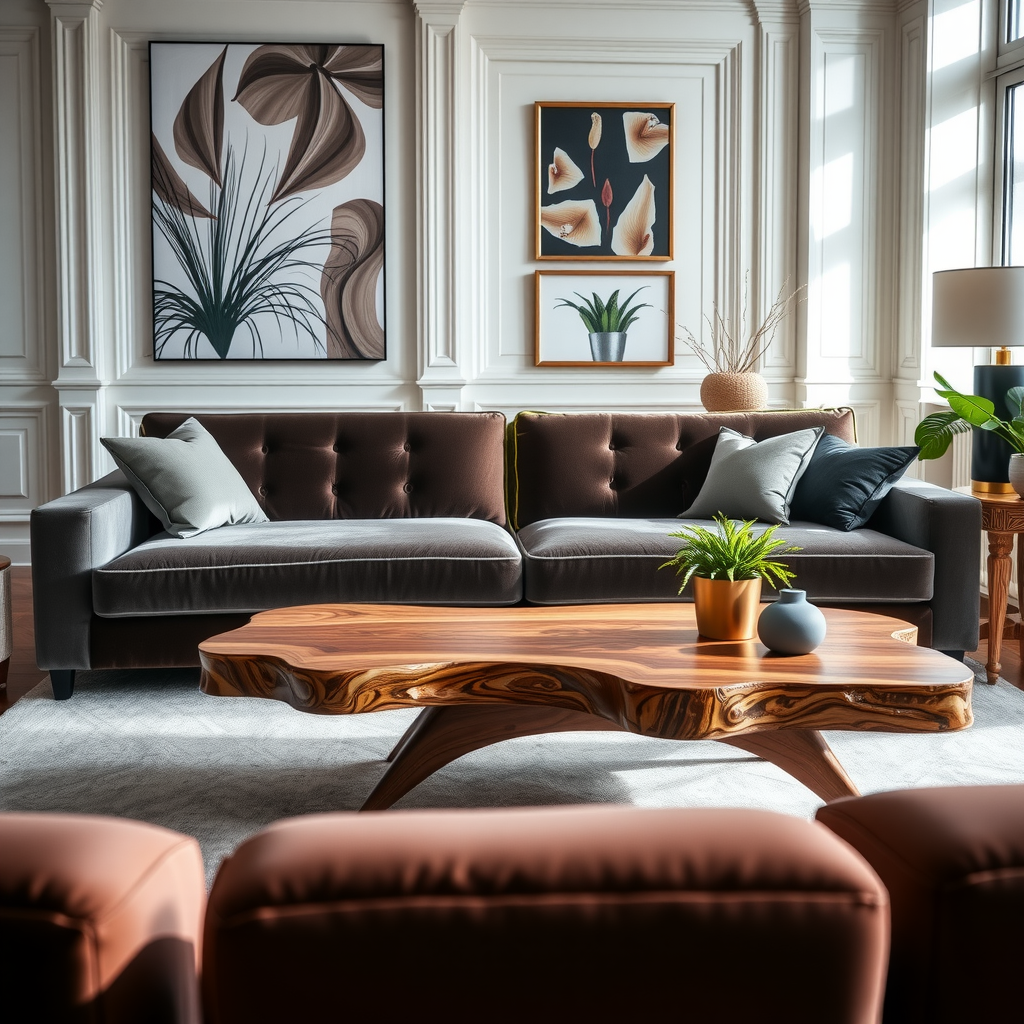 Elegant custom-designed furniture pieces including a bespoke velvet sofa and handcrafted wooden coffee table in a bright contemporary living room, showcasing quality craftsmanship and unique design details