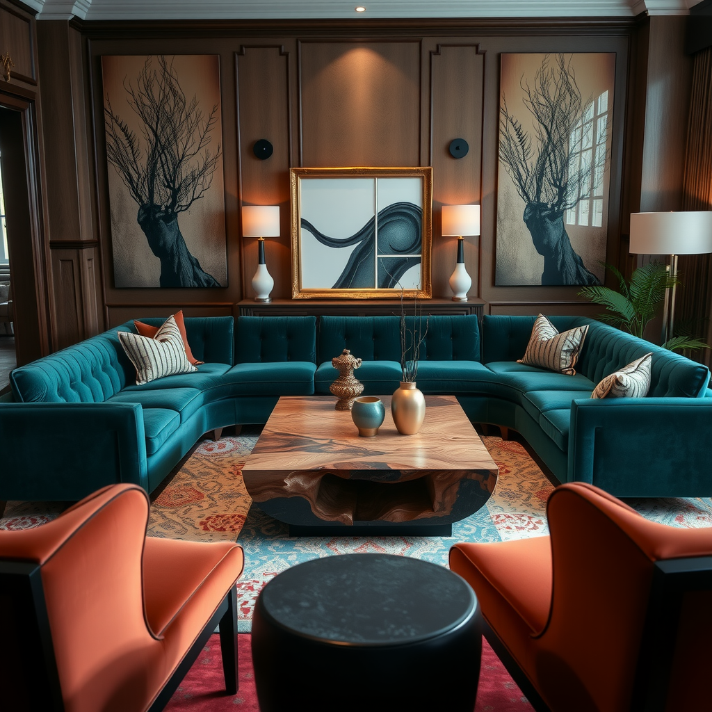 Luxurious living room featuring a custom-designed sectional sofa in rich emerald velvet, complemented by a handcrafted coffee table with natural wood grain, accent chairs in terracotta upholstery, and modern floor lamps creating a warm, inviting atmosphere