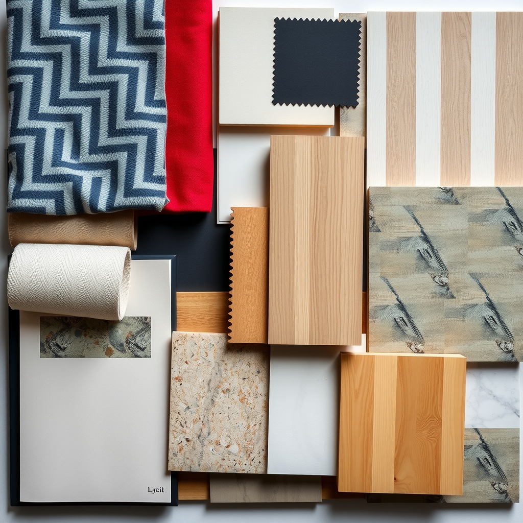 Curated collection of interior design material samples including fabric swatches in various textures, paint color cards, wood finish samples, stone tiles, and wallpaper samples arranged aesthetically on a mood board