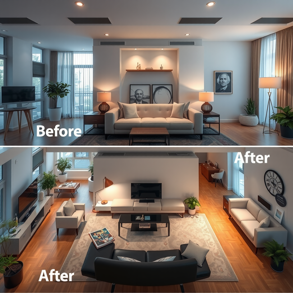 Before and after comparison of living room layout showing improved furniture arrangement and enhanced traffic flow