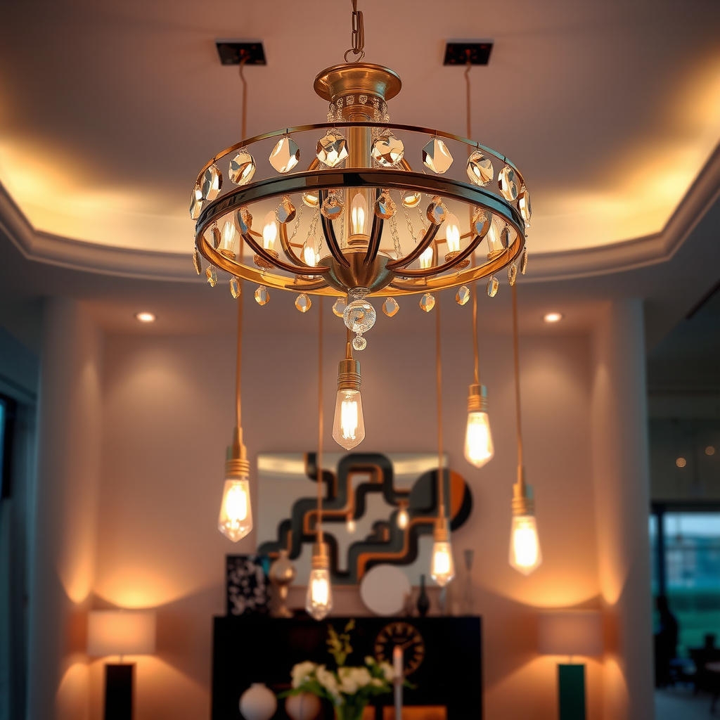 Elegant chandelier and pendant lights illuminating modern dining room with warm ambient lighting and contemporary fixtures