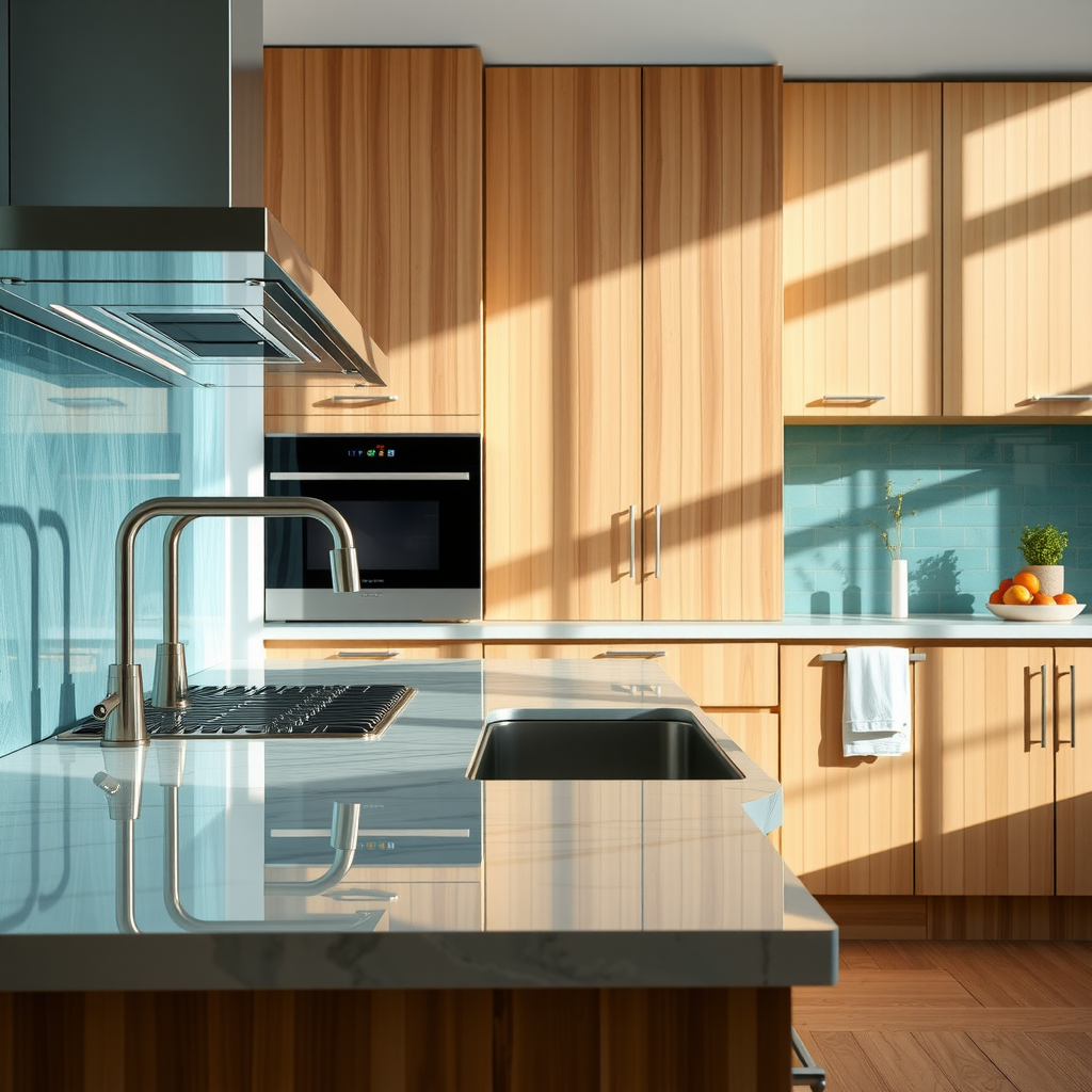 Modern kitchen featuring recycled glass countertops with subtle color variations, reflecting natural light, paired with sustainable bamboo cabinetry