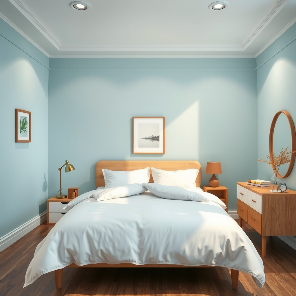 Serene bedroom with soft blue-green walls, white bedding, natural wood furniture, and minimal decor creating a peaceful sleep environment