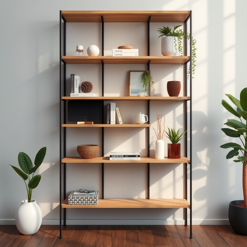Open shelving unit serving as room divider with decorative objects and plants, allowing light to pass through while defining separate zones