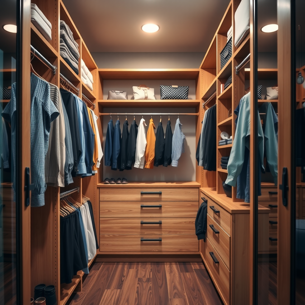Walk-in closet with custom built-in organization system, wooden shelving, hanging rods at multiple heights, drawer units, shoe racks, well-lit space, neatly organized clothing and accessories