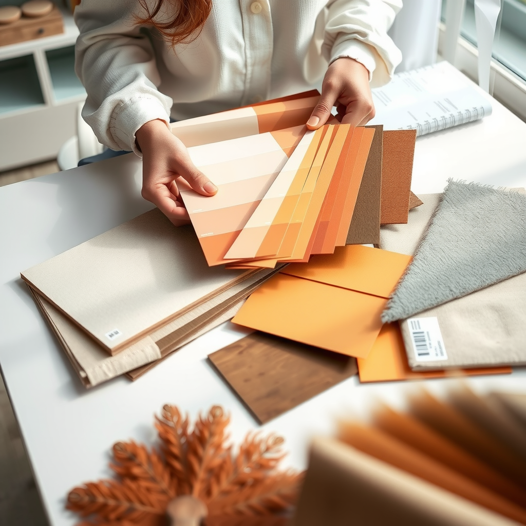 Interior designer presenting color palette boards, fabric swatches, flooring samples and material textures spread across a white table, natural daylight illuminating various paint chips and textile samples in warm and neutral tones
