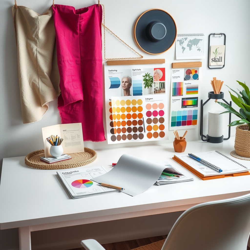 Interior designer's workspace with fabric samples, color swatches, design sketches, mood boards, and professional design tools arranged on a clean white desk
