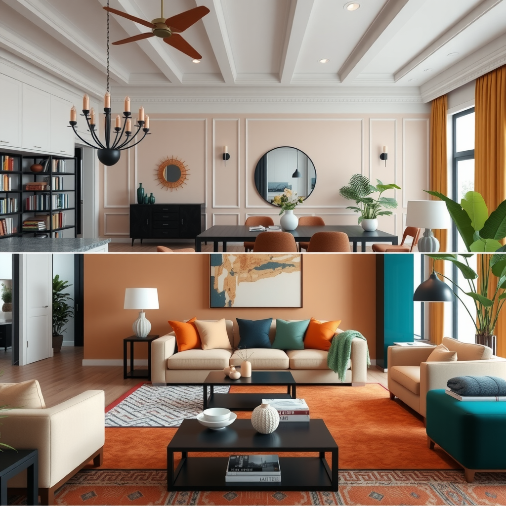Split-screen digital visualization showing a living room before consultation with neutral beige tones and after consultation with a sophisticated color palette featuring terracotta accents, emerald green elements, and updated materials