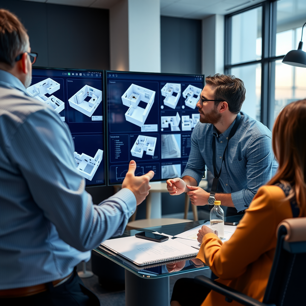 Designer working with client reviewing multiple 3D floor plan options on large screen display