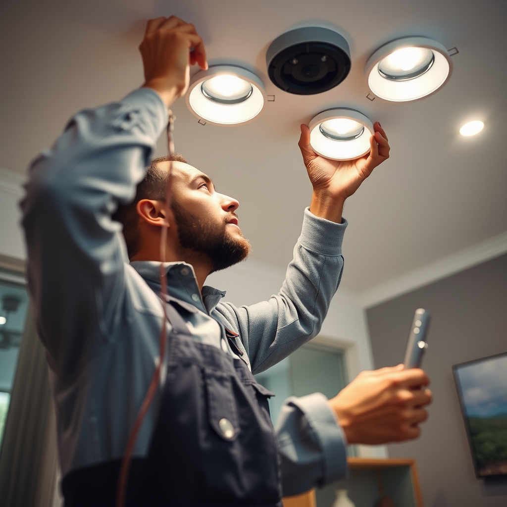 Professional electrician installing modern recessed lighting fixtures in contemporary home interior with precision and care