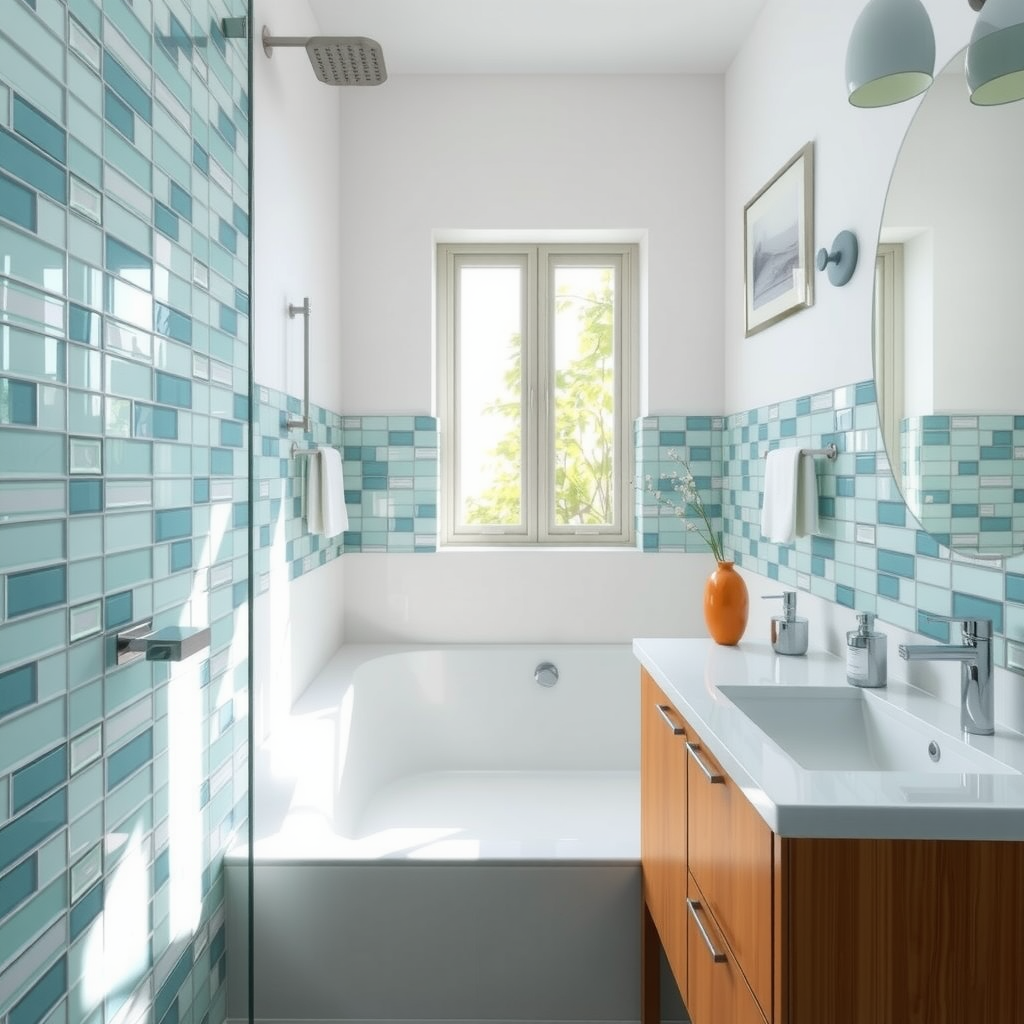 Bright contemporary bathroom with recycled glass tile backsplash in soft blue-green tones, bamboo vanity, and natural light streaming through window