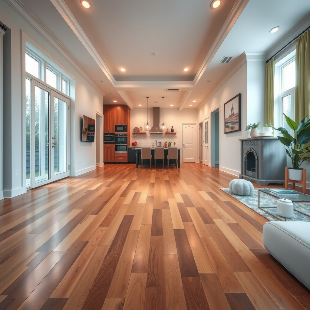 Open floor plan showing different flooring materials transitioning between zones, with hardwood in living area and tile in kitchen, unified by consistent color palette