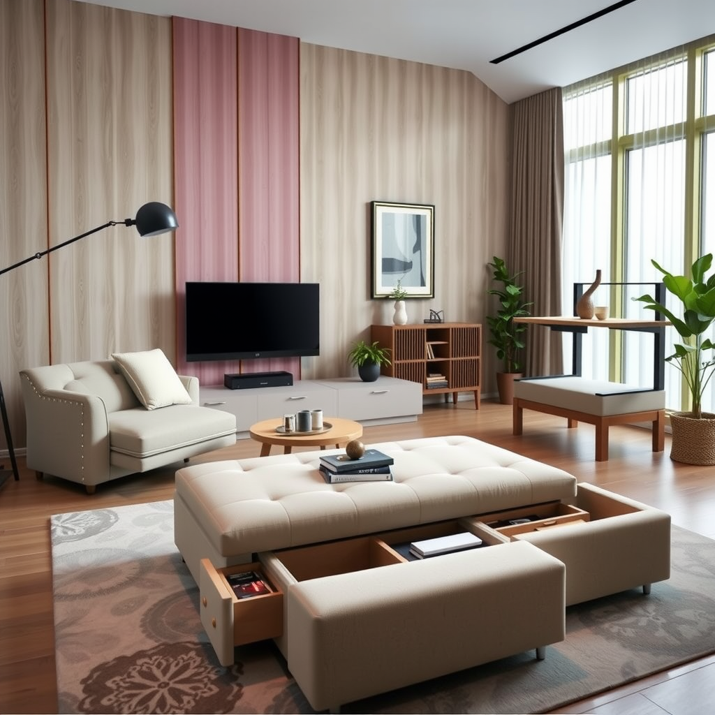Modern living room featuring multi-functional furniture: large storage ottoman as coffee table, sofa with built-in storage drawers, wall-mounted fold-down desk, contemporary design, bright and organized space