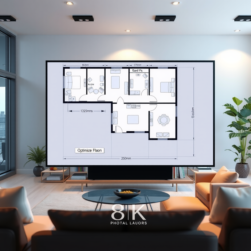 Architectural floor plan and 3D rendering displayed on a large monitor showing optimized room layout with furniture placement, traffic flow arrows, and spatial measurements in a modern open-concept living area
