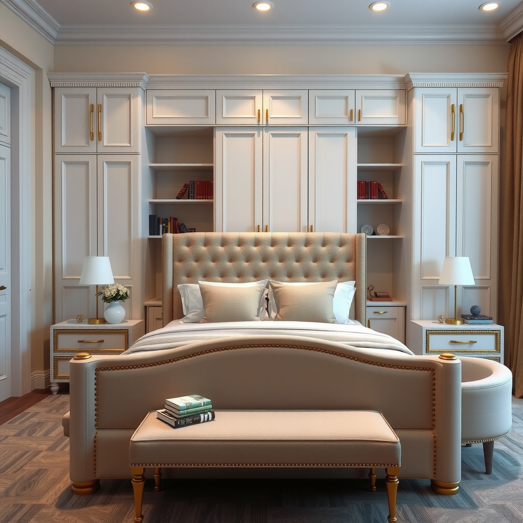 Serene bedroom featuring a custom upholstered bed with tufted headboard in soft neutral fabric, matching nightstands with brass hardware, a comfortable reading chair, and built-in wardrobe with clean lines and ample storage