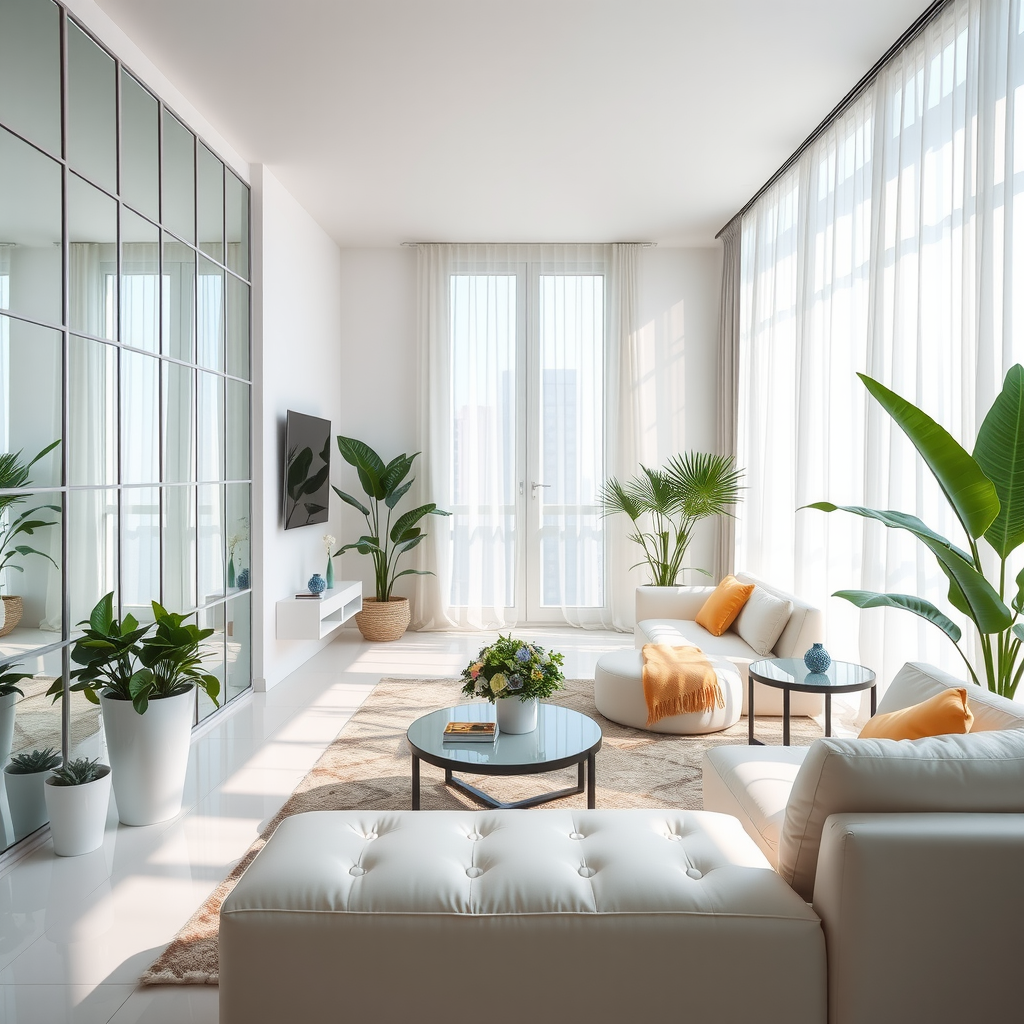 Complete bright modern apartment interior showing all techniques: mirrors, white walls, sheer curtains, light furniture, reflective surfaces, plants, natural light flooding entire space