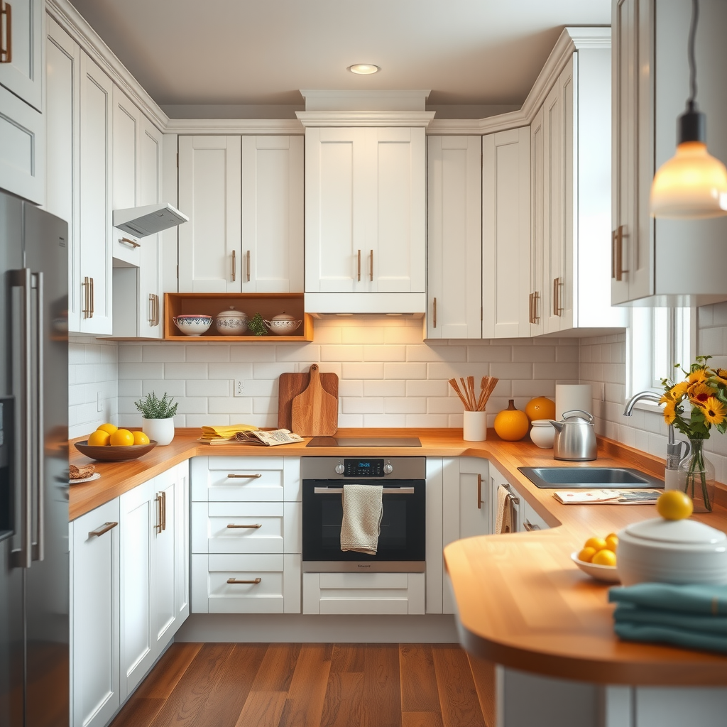 Bright kitchen with white cabinets, warm wood countertops, and subtle yellow accents creating an inviting space for cooking and gathering