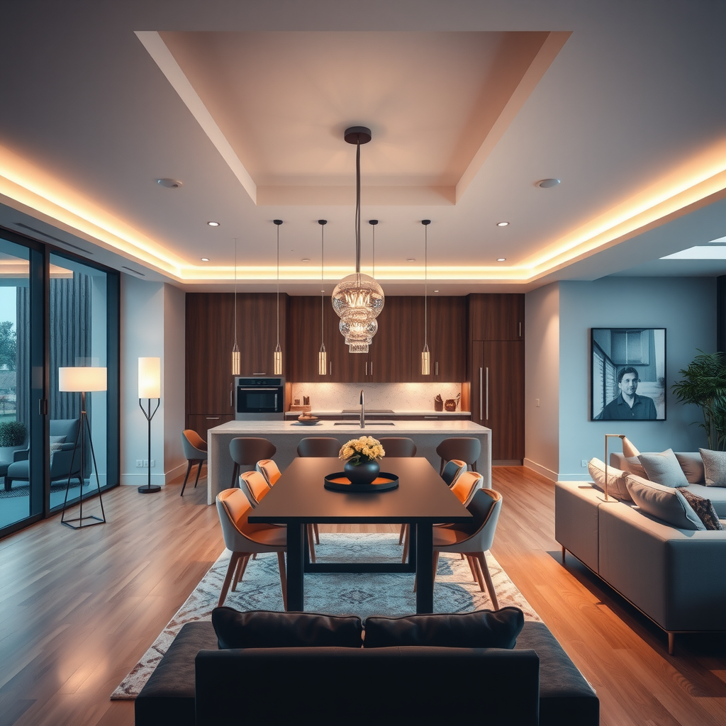 Layered lighting design in open concept space with pendant lights over dining table, recessed lighting in kitchen, and floor lamps in living area