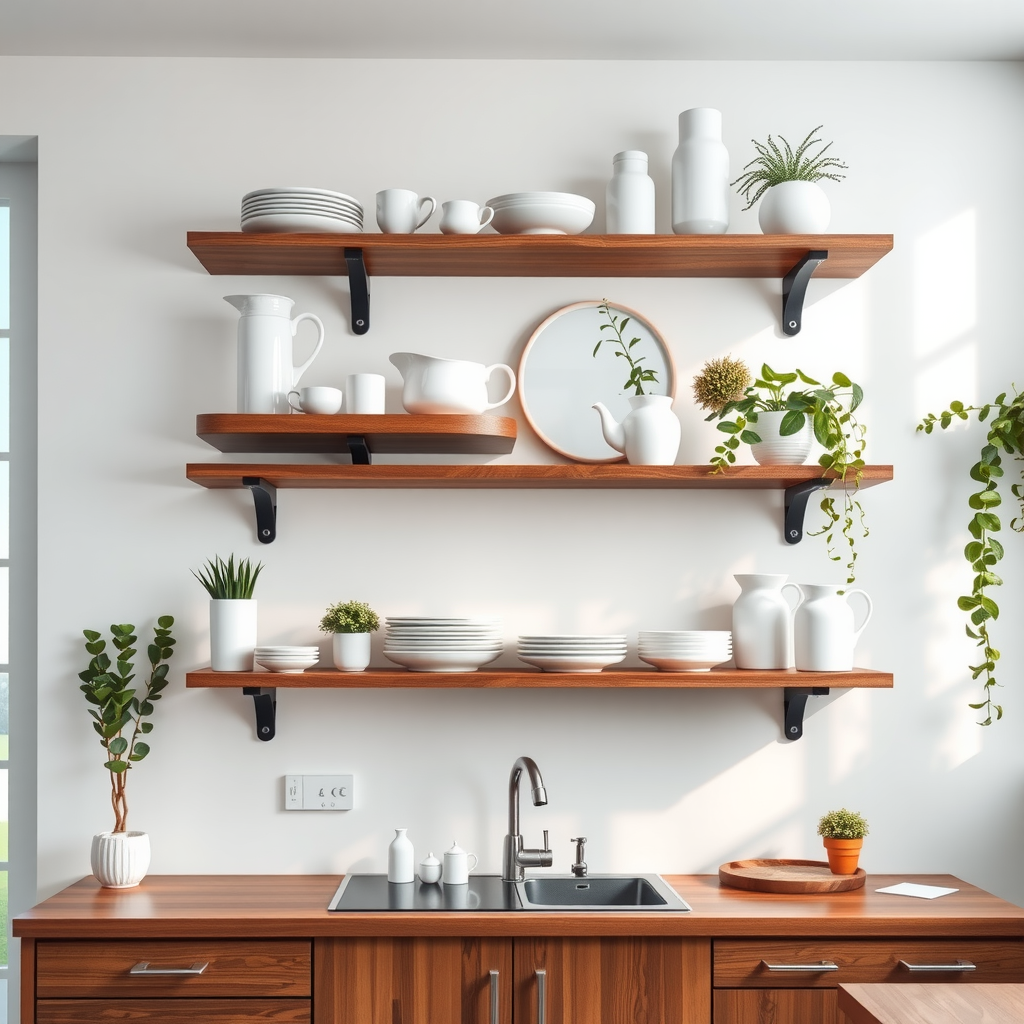 Kitchen with open floating shelves displaying white dishes, glassware, and plants, wooden shelves against white walls, minimalist organization, natural light