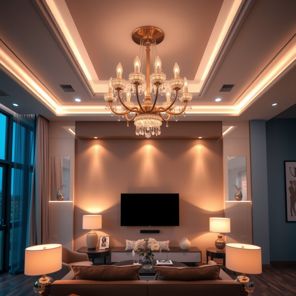 Beautifully lit contemporary living room showcasing layered lighting design with elegant chandelier, modern pendant lights, recessed ceiling lights, and table lamps creating warm ambient glow during evening hours