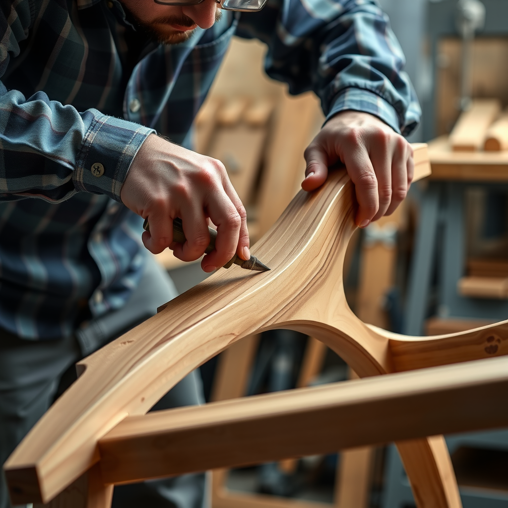 Close-up of skilled furniture craftsman's hands carefully working on a custom wooden chair frame, showing detailed joinery work, precision tools, and quality hardwood materials in a well-lit workshop environment