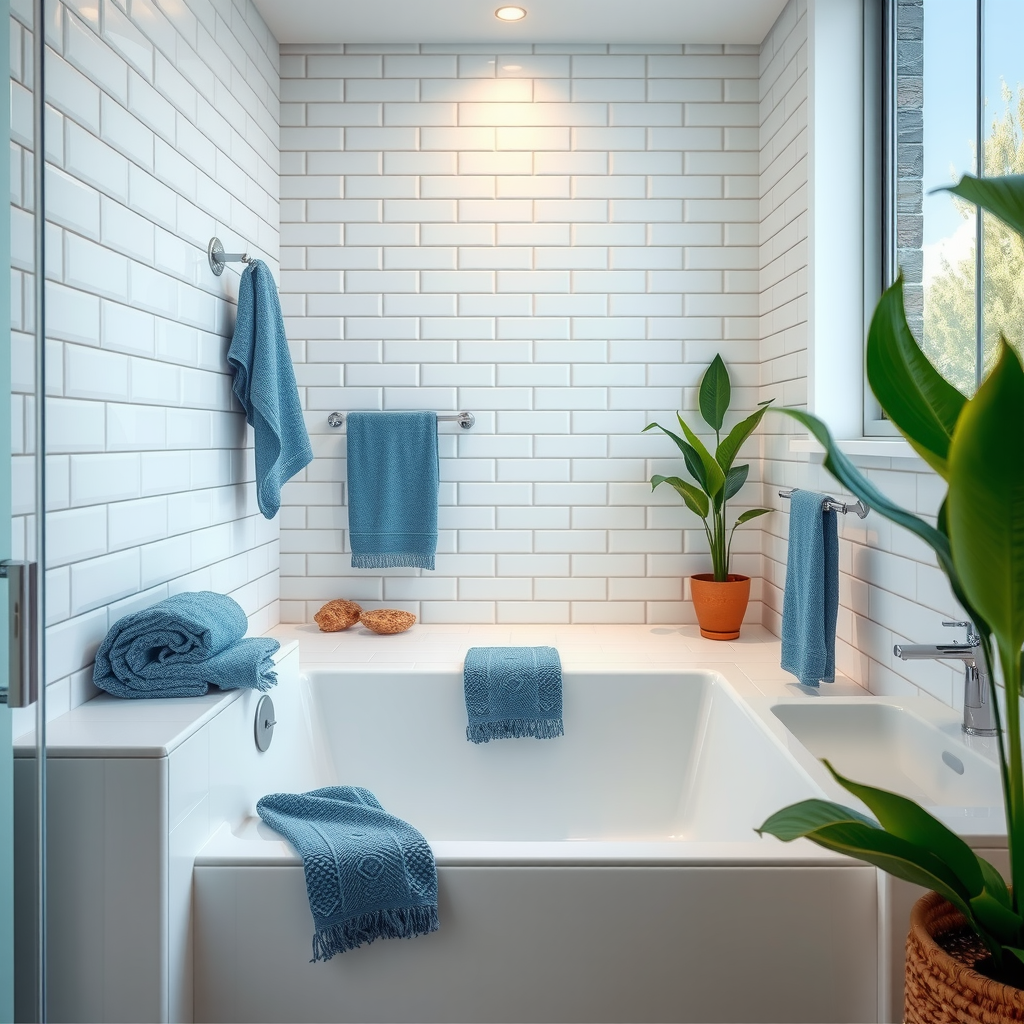 Spa-like bathroom with white subway tiles, soft blue towels, natural stone accents, and plants creating a refreshing retreat