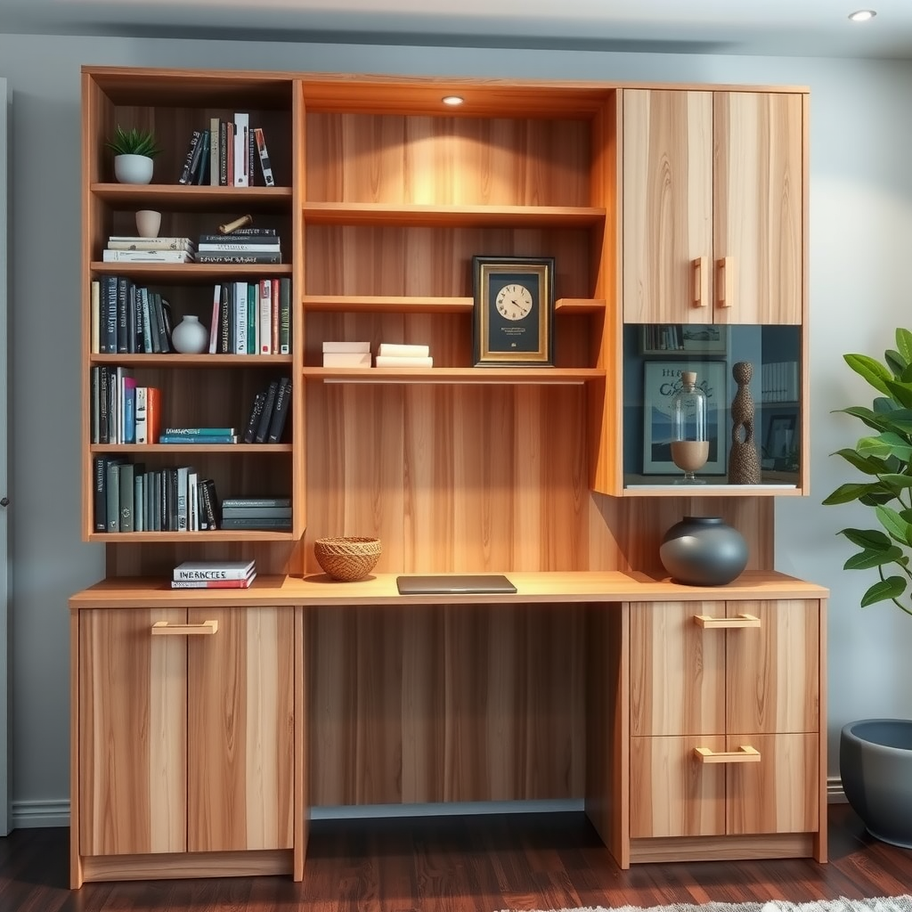 Modern custom-built storage wall featuring a combination of open shelving displaying books and decorative objects, closed cabinets with sleek handles, and integrated desk space, all in natural wood finish with clean lines