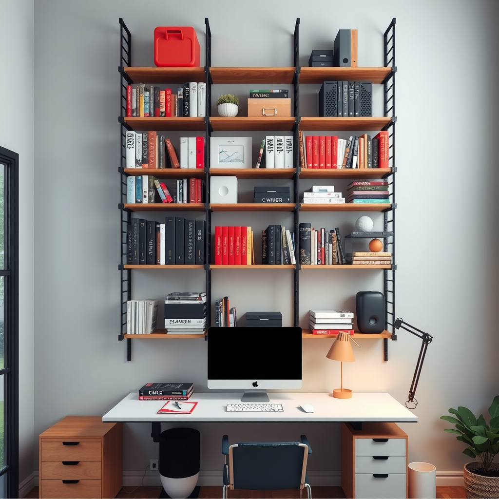 Home office with floor-to-ceiling wall-mounted shelving system, books, binders, decorative boxes, desk below, organized workspace, modern design