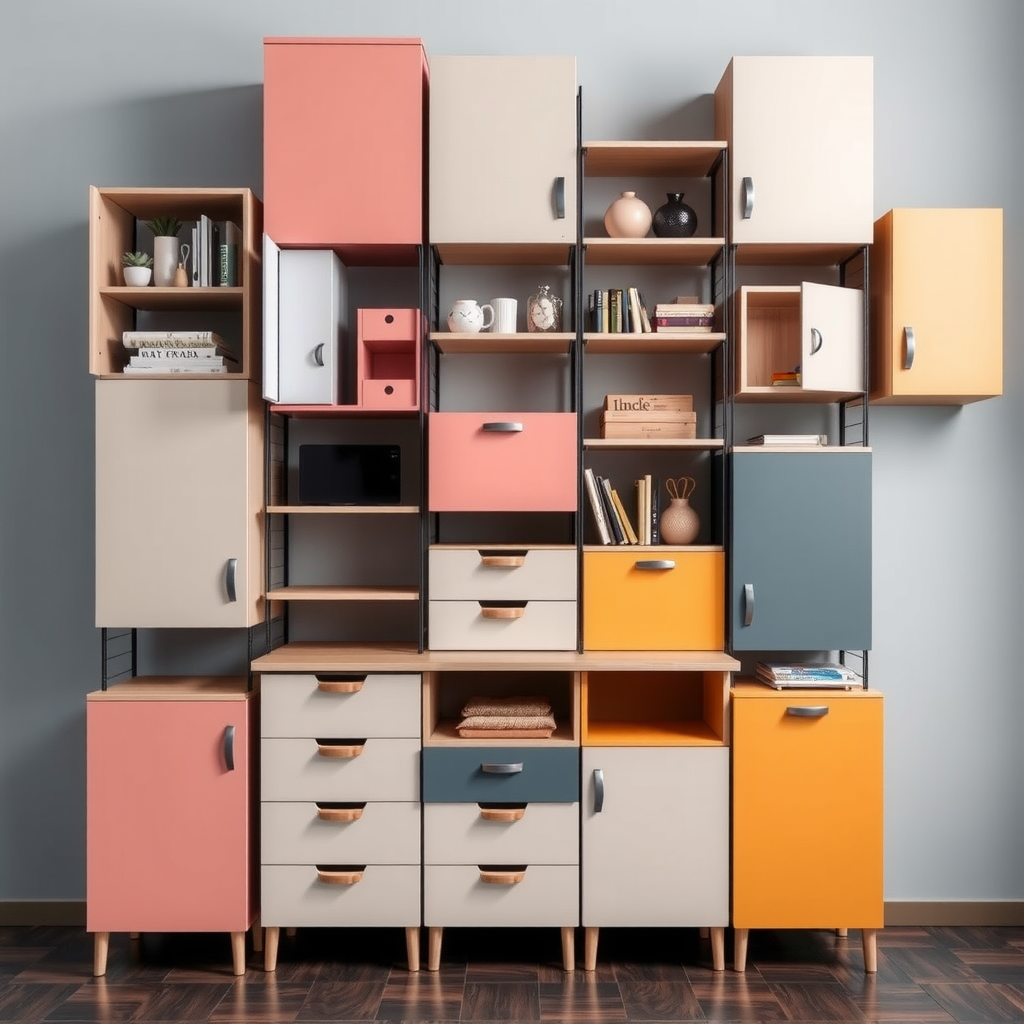 Versatile modular storage system with interchangeable components including drawers, shelves, and cabinets in various sizes, finished in contemporary colors, demonstrating flexible configuration options for different room layouts